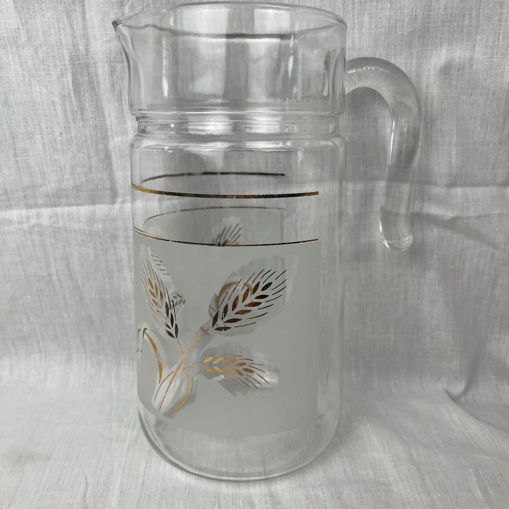 Vintage Gold Wheat Frosted Glass Pitcher Beverage‎ Carafe Water Juice Server